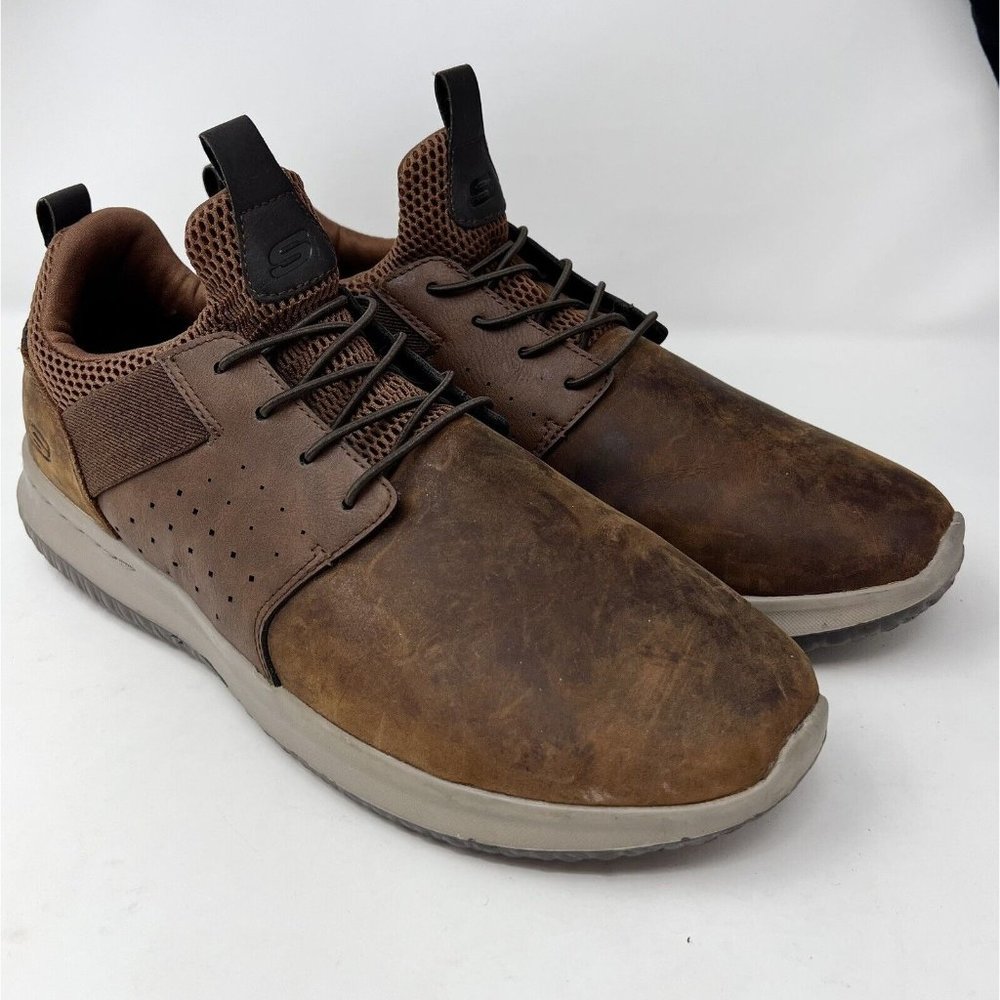 Sketchers Mens 12 Casual Oxford Delson Axton Sneakers Comfort Brown Leather Mesh